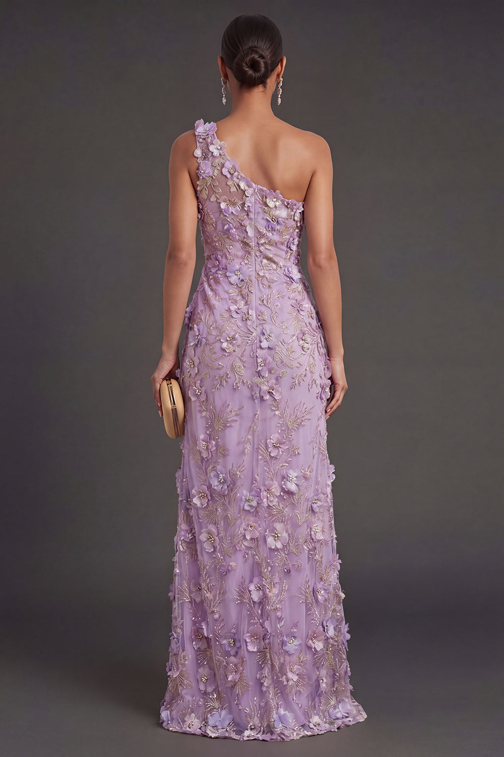 Lilac Mermaid Floral Appliqued Long Wedding Guest Dress