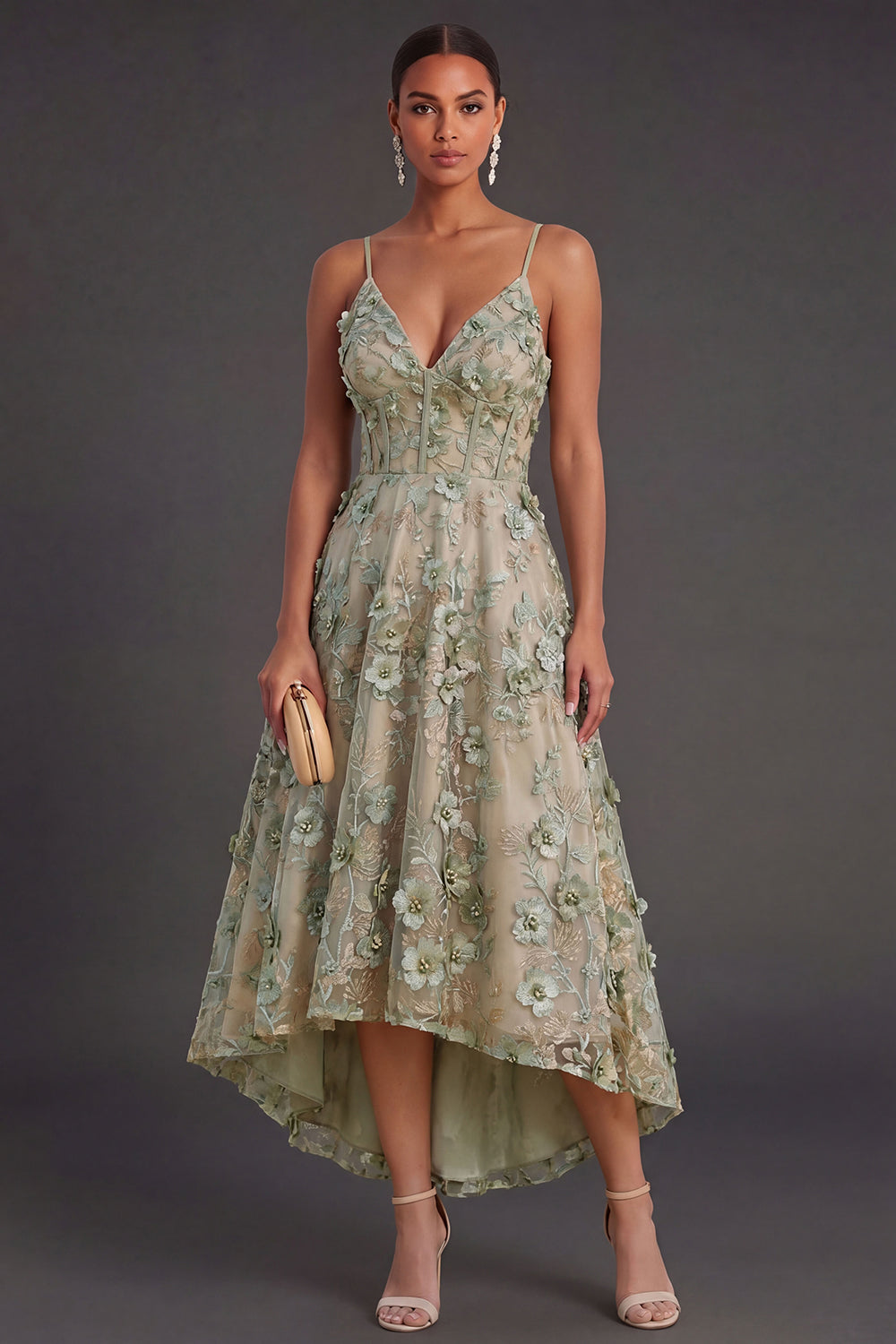 Leely Women Dusty Green Corset Floral High Low Weeding Guest Dress Backless Spaghetti Straps Garden Party Dress