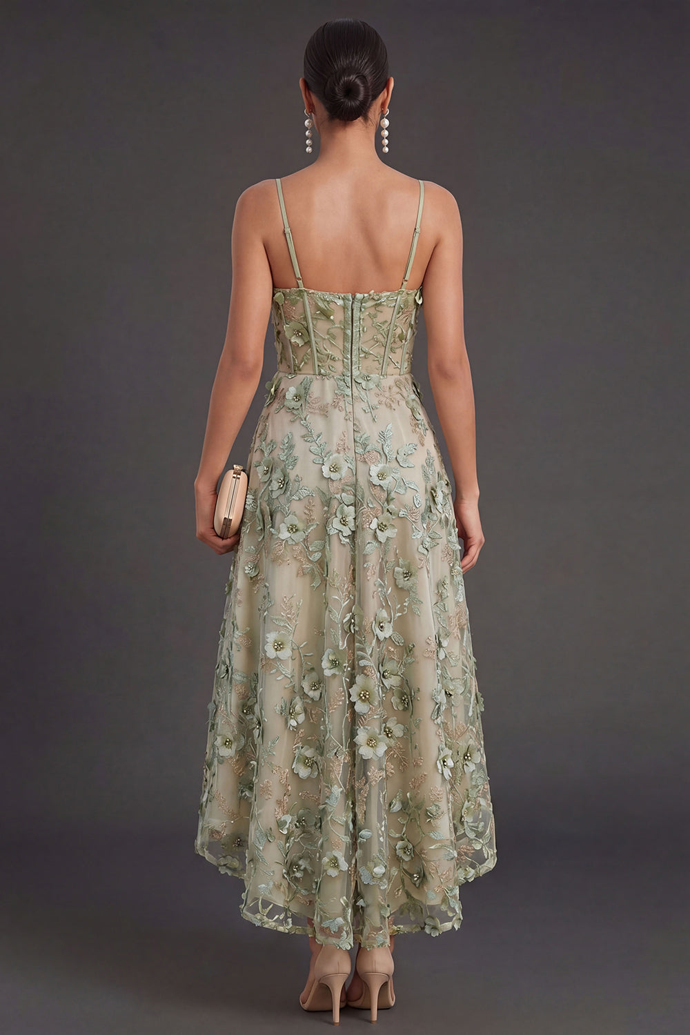 Dusty Green Corset Floral High Low Weeding Guest Dress
