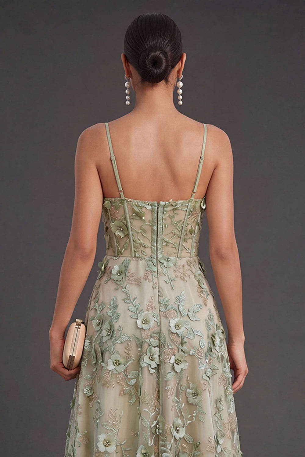 Dusty Green Corset Floral High Low Weeding Guest Dress