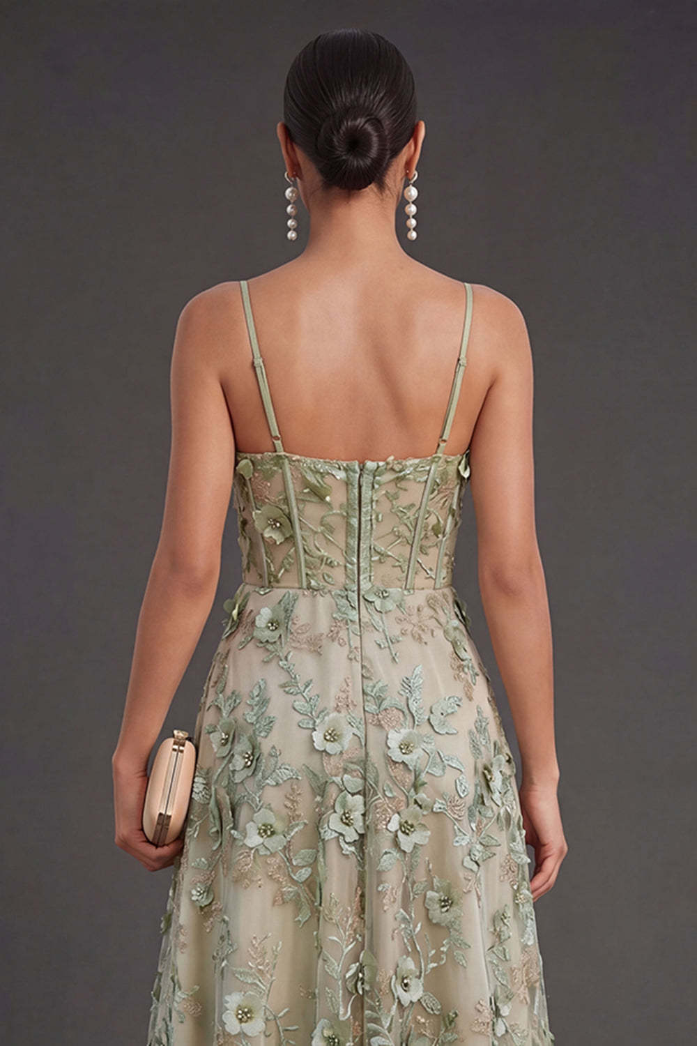 Dusty Green Corset Floral High Low Weeding Guest Dress