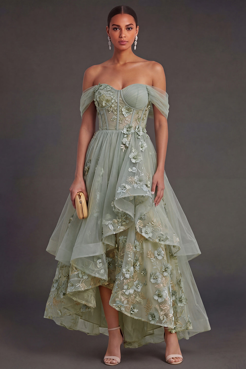 Leely Women Ruffled Dusty Green Corset Floral High Low Weeding Guest Dress Off the Shoulder Backless Garden Party Dress