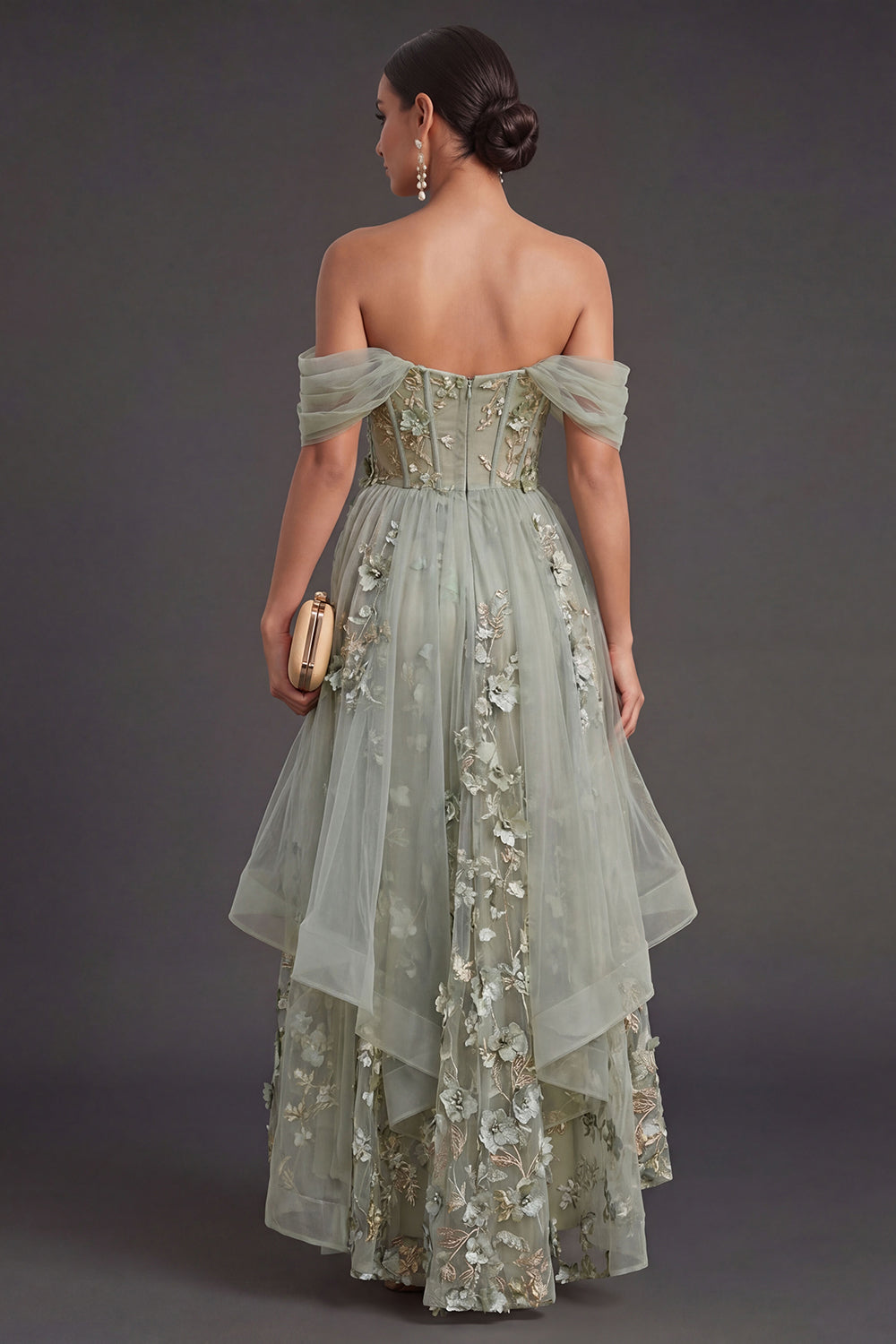 Ruffled Dusty Green Corset Floral High Low Weeding Guest Dress