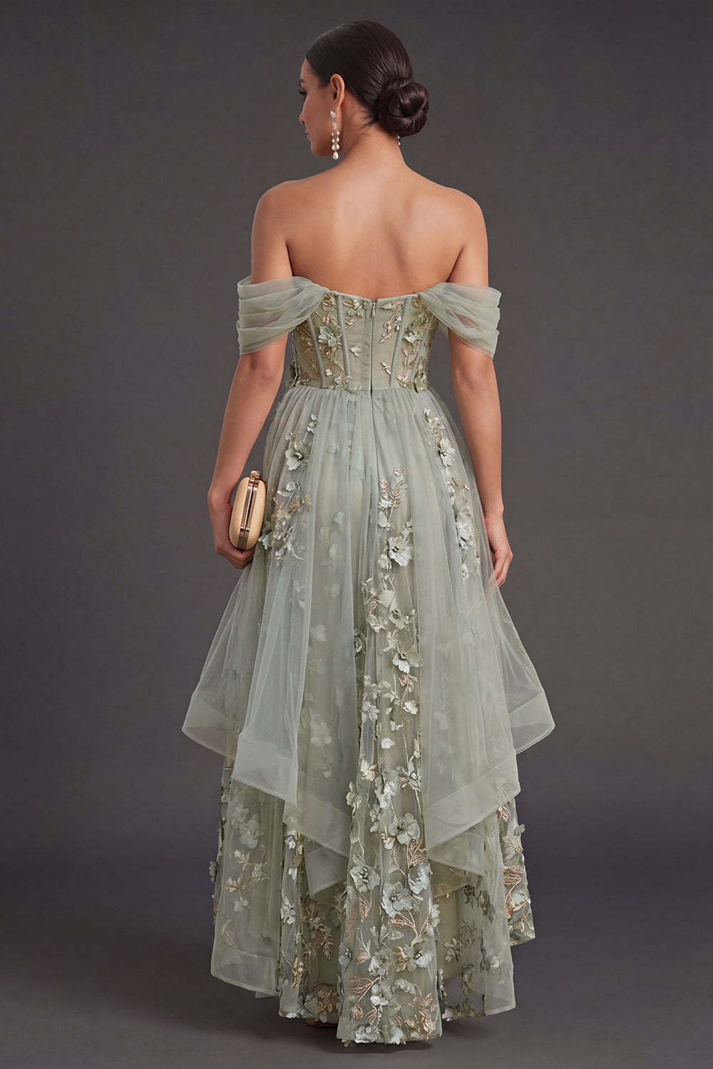 Ruffled Dusty Green Corset Floral High Low Weeding Guest Dress