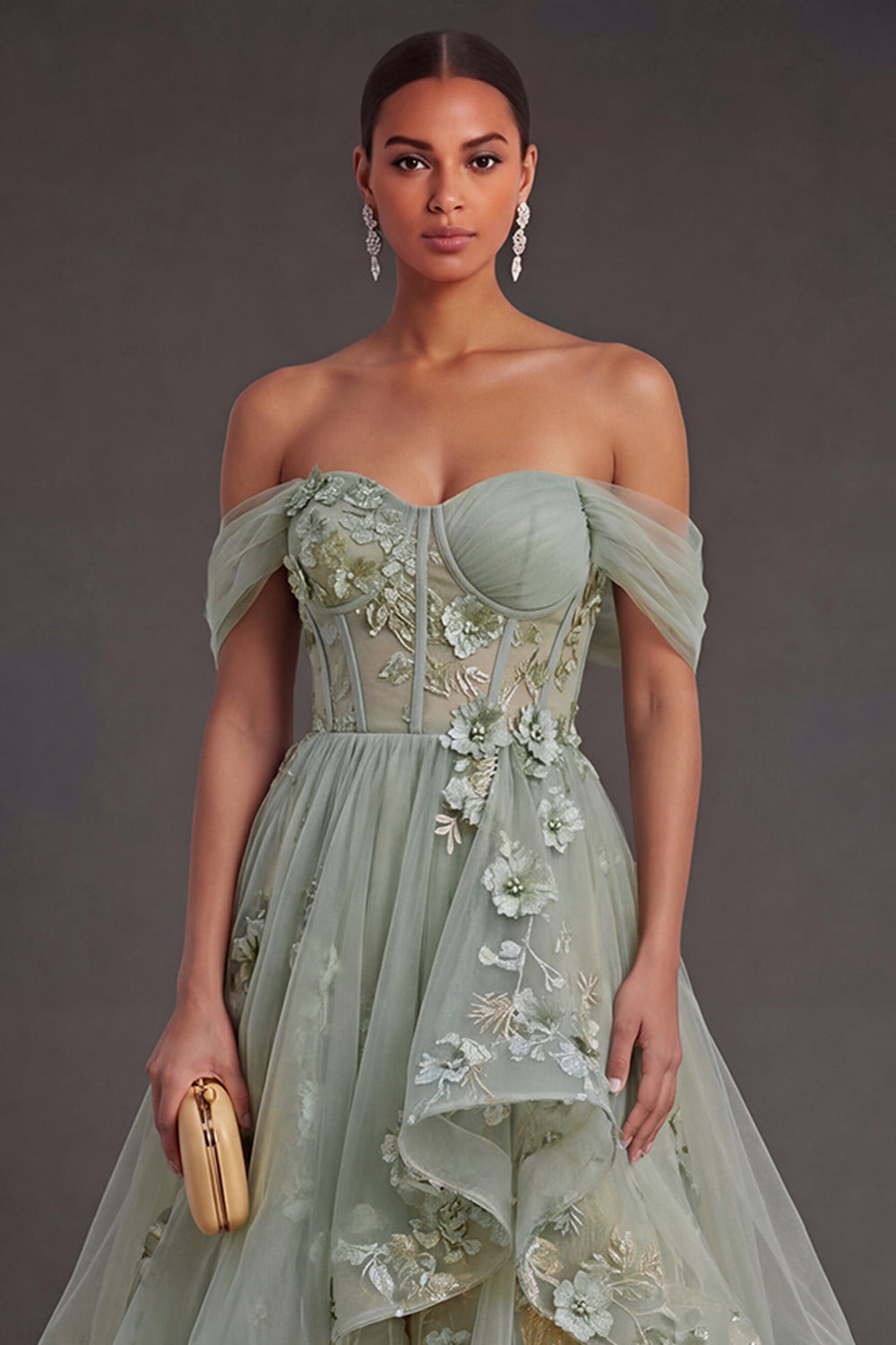 Ruffled Dusty Green Corset Floral High Low Weeding Guest Dress