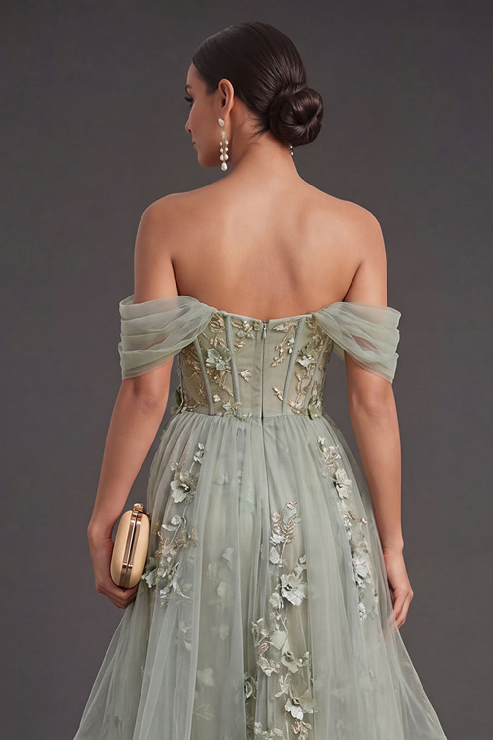 Ruffled Dusty Green Corset Floral High Low Weeding Guest Dress