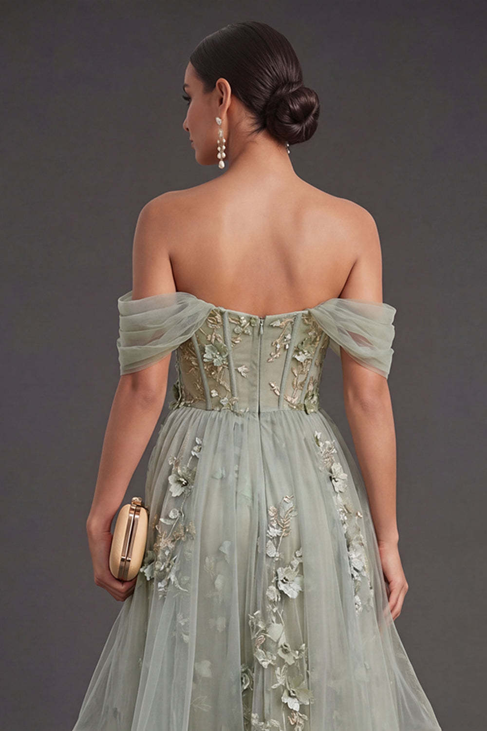 Ruffled Dusty Green Corset Floral High Low Weeding Guest Dress