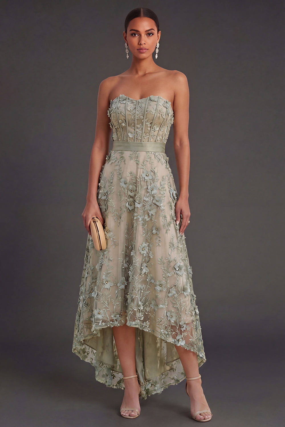 Strapless Dusty Green Corset Floral High Low Weeding Guest Dress