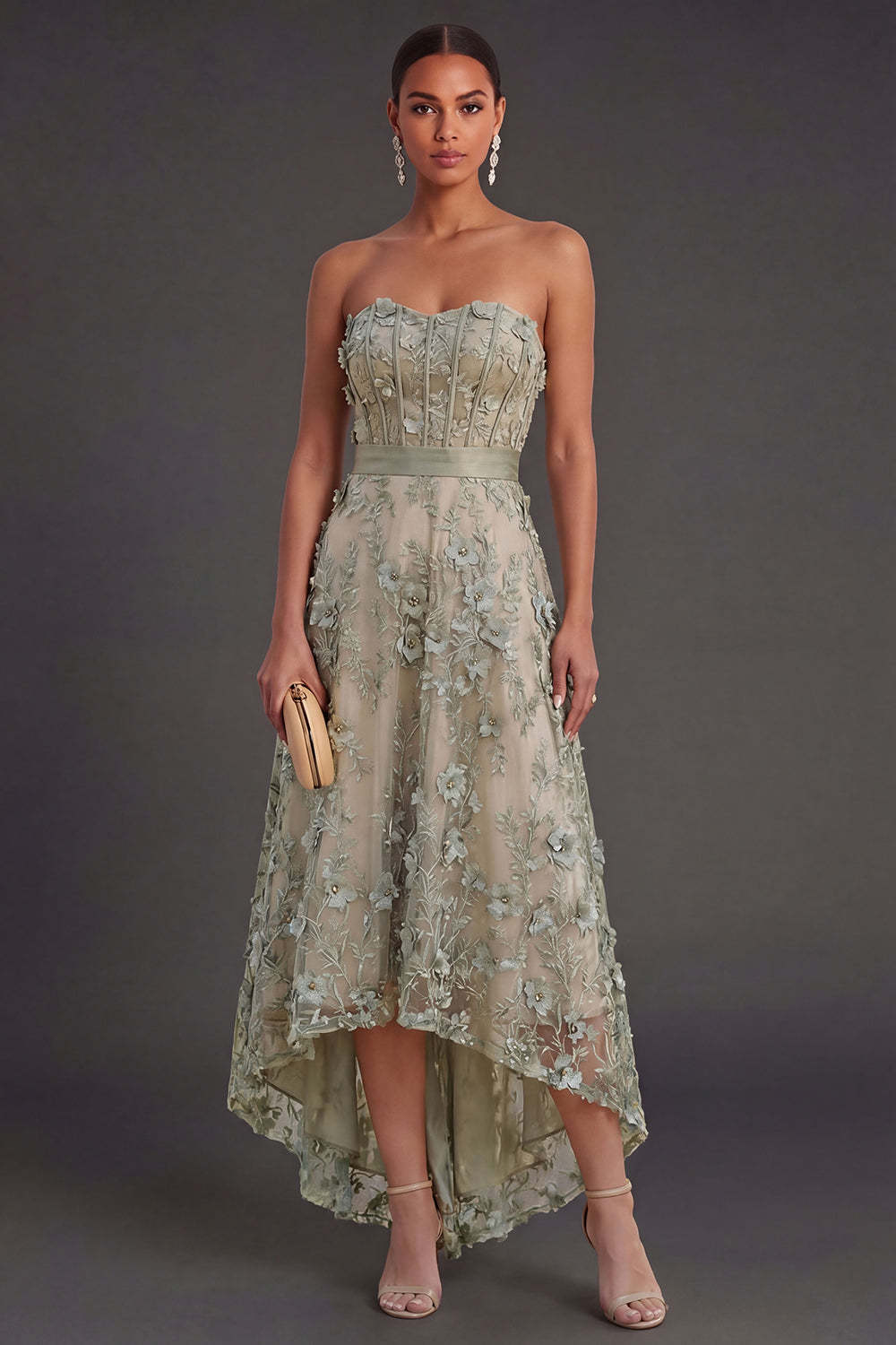 Leely Women Strapless Dusty Green Corset Floral High Low Weeding Guest Dress Backless Sleeveless Garden Party Dress