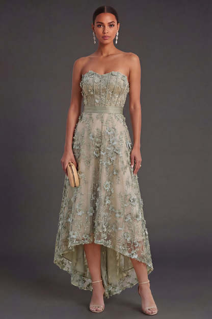 Leely Women Strapless Dusty Green Corset Floral High Low Weeding Guest Dress Backless Sleeveless Garden Party Dress