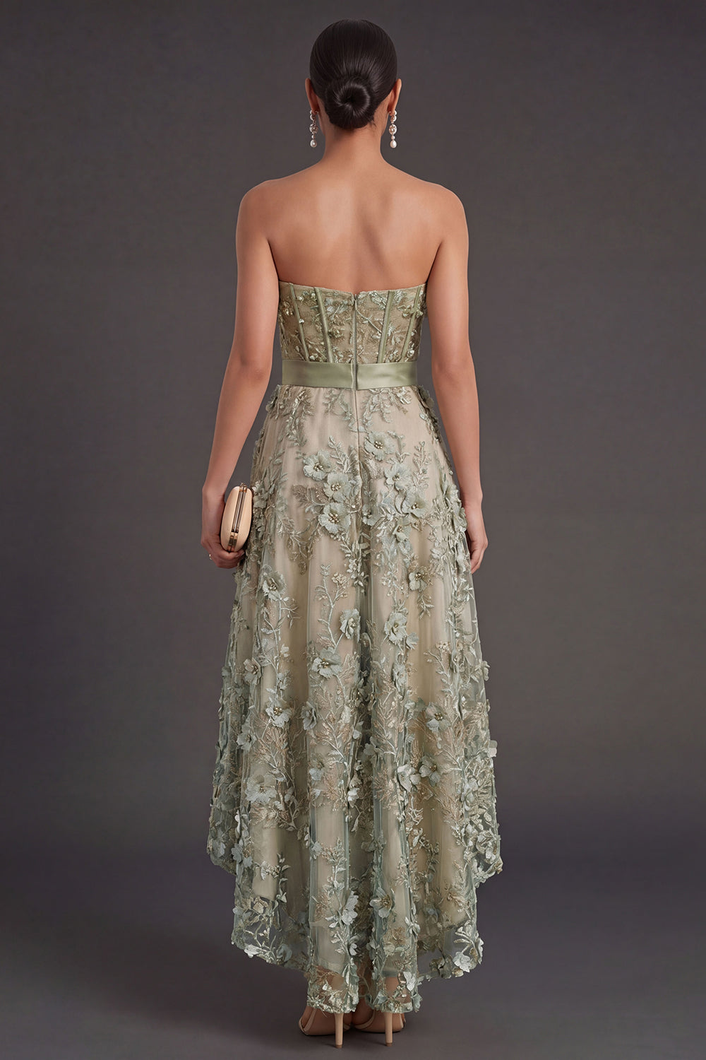 Strapless Dusty Green Corset Floral High Low Weeding Guest Dress