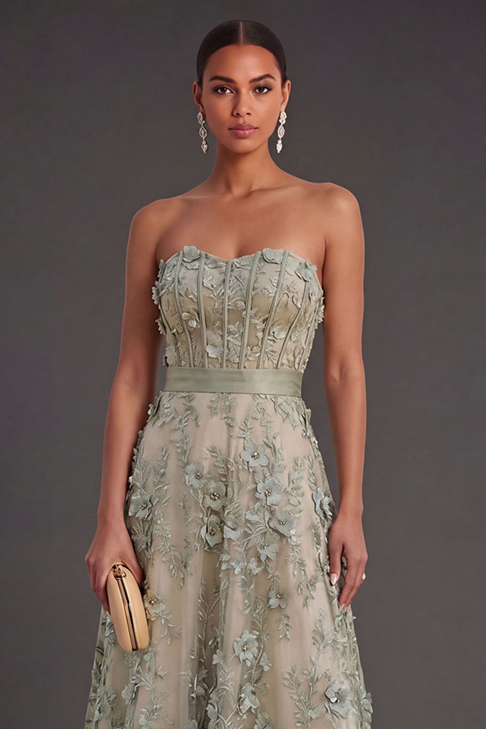 Strapless Dusty Green Corset Floral High Low Weeding Guest Dress