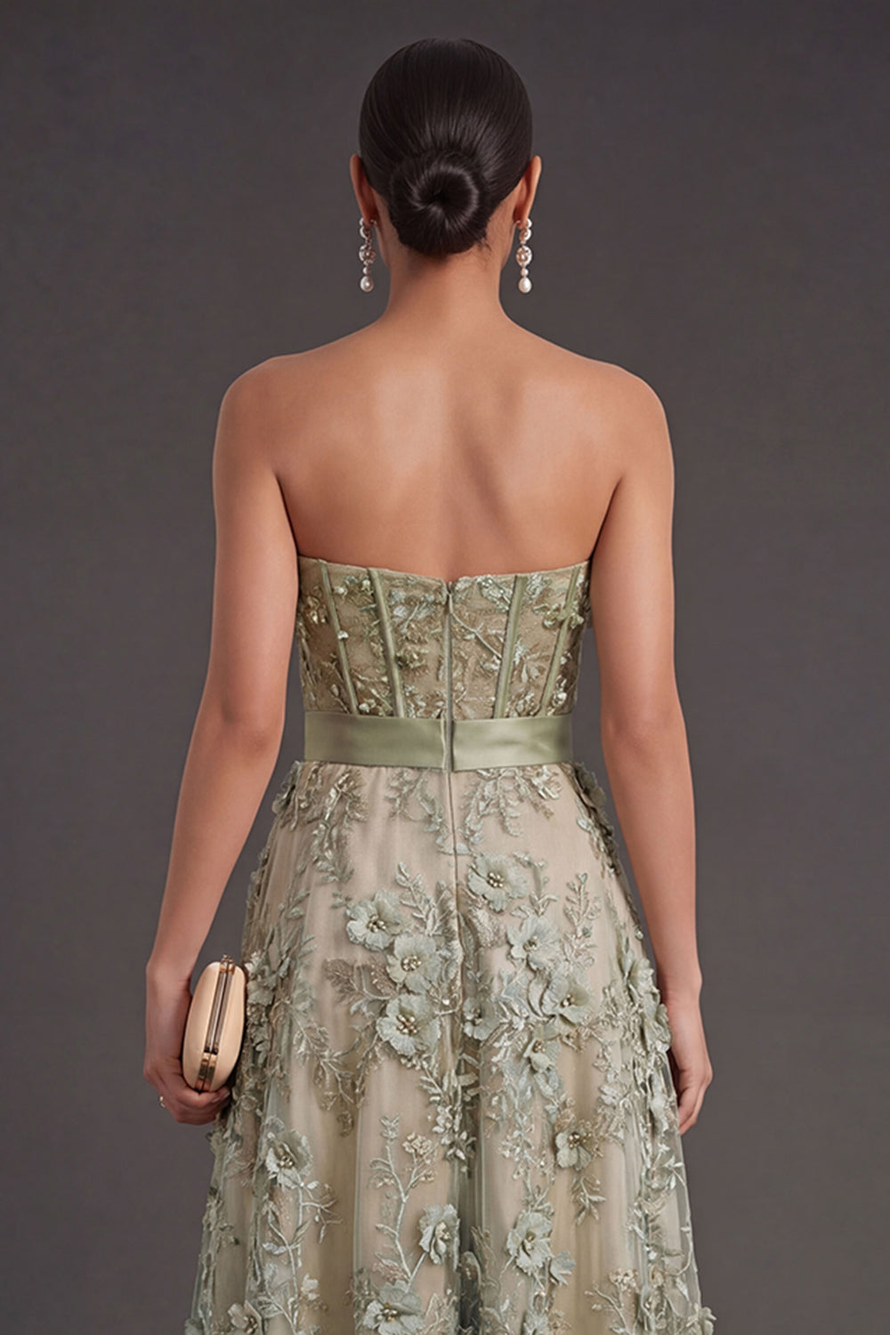 Strapless Dusty Green Corset Floral High Low Weeding Guest Dress