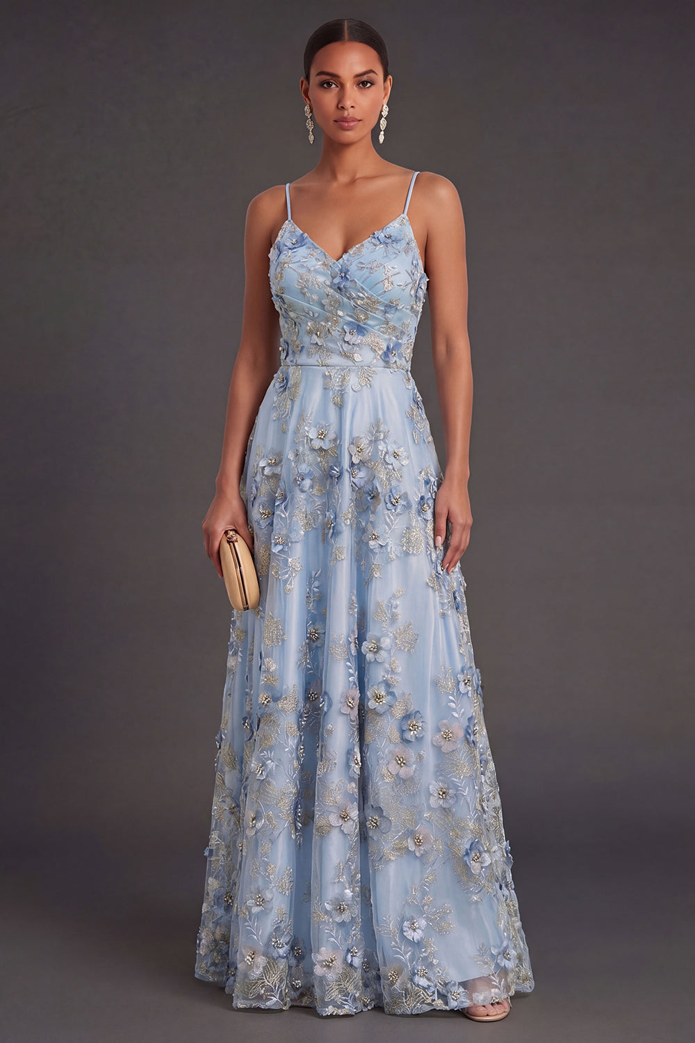 Blue Floral A Line Appliqued Long Wedding Guest Dress