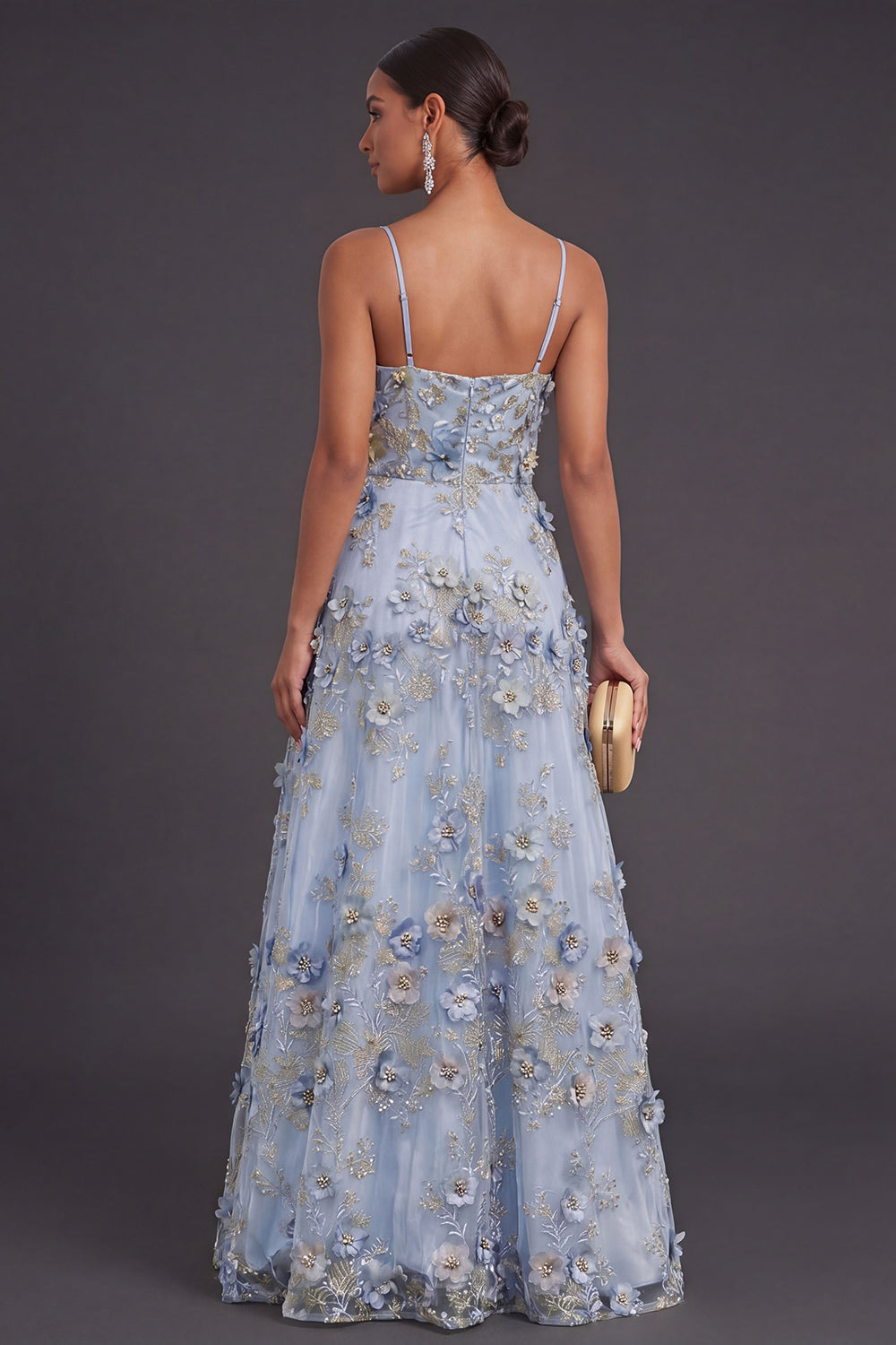 Blue Floral A Line Appliqued Long Wedding Guest Dress