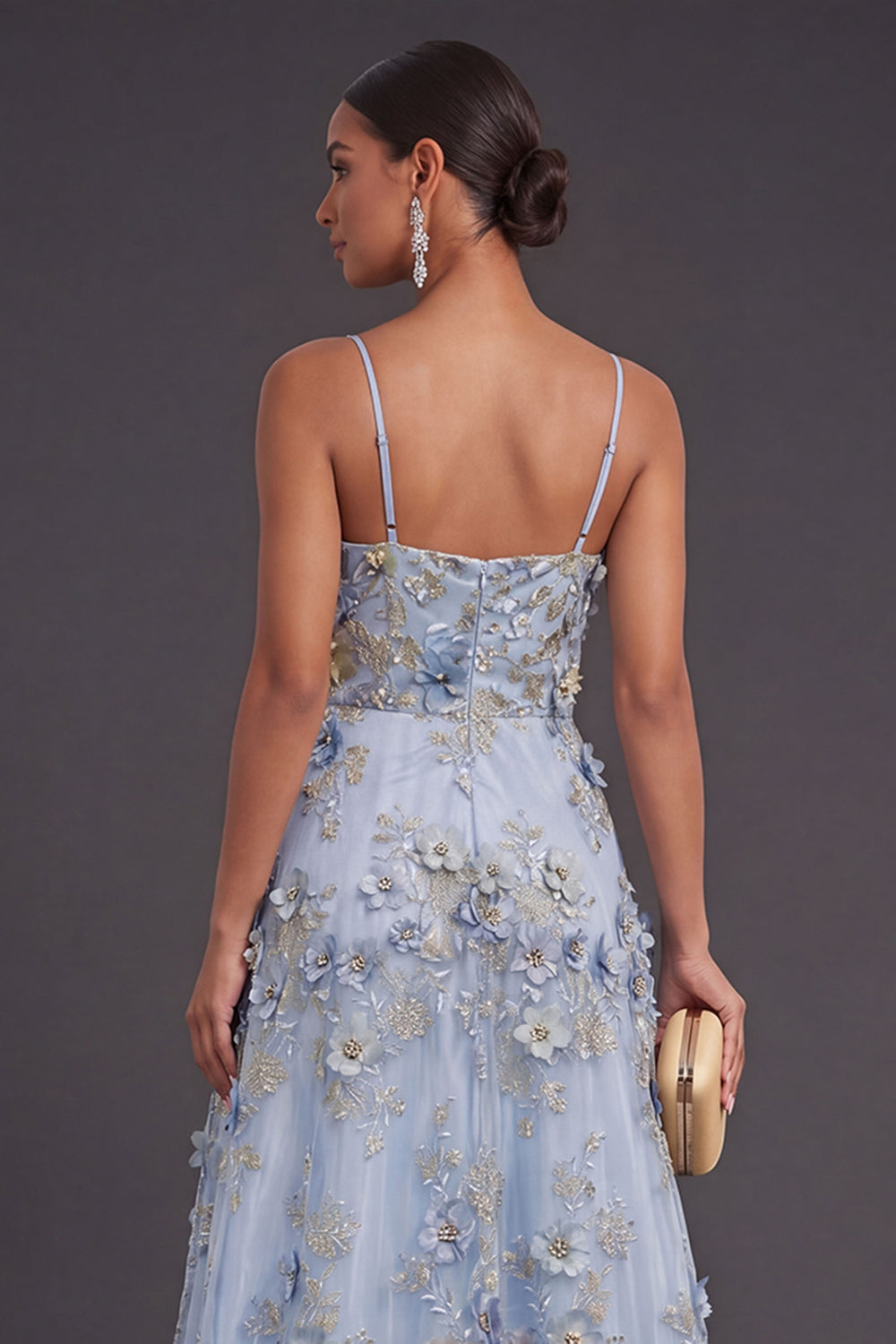 Blue Floral A Line Appliqued Long Wedding Guest Dress