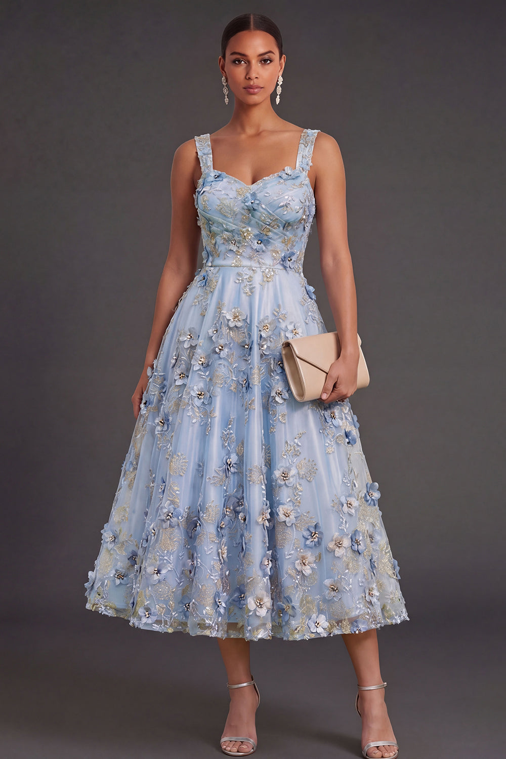 Thick Straps Blue Floral A Line Appliqued Midi Wedding Guest Dress
