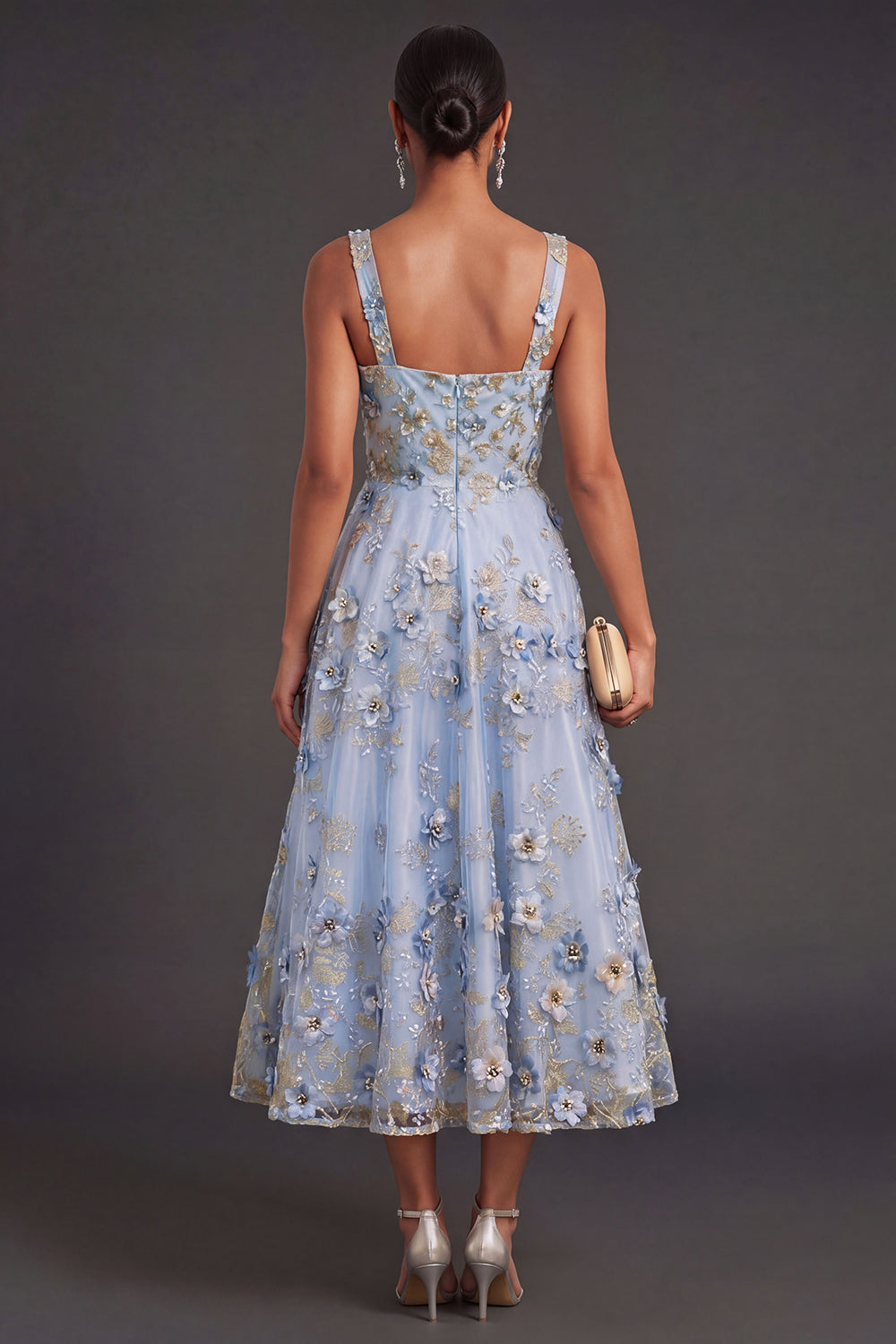 Thick Straps Blue Floral A Line Appliqued Midi Wedding Guest Dress