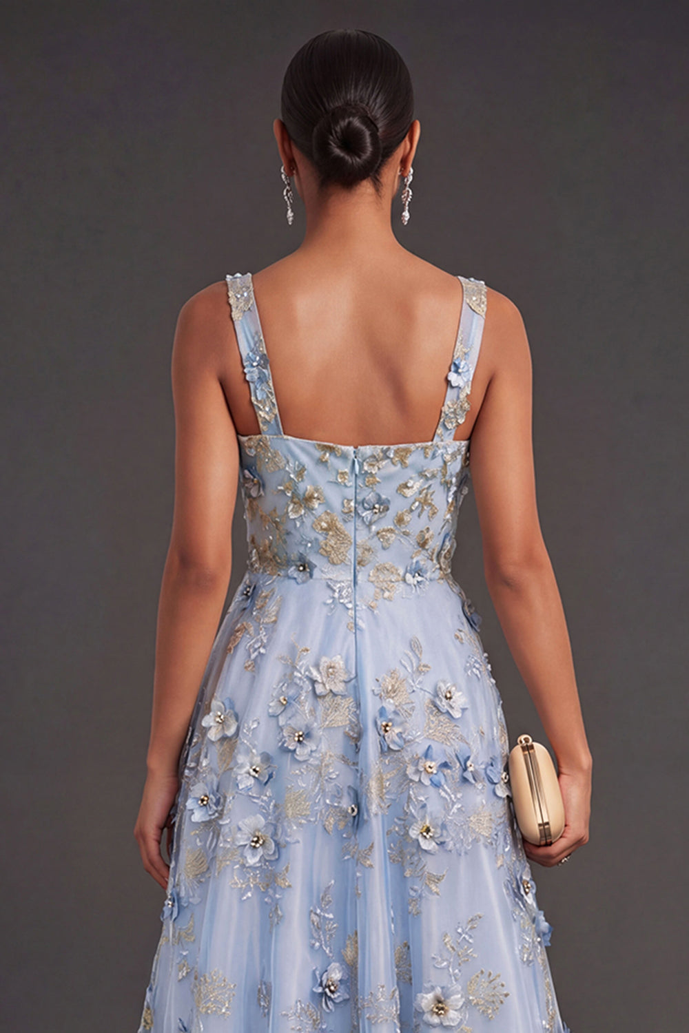 Thick Straps Blue Floral A Line Appliqued Midi Wedding Guest Dress