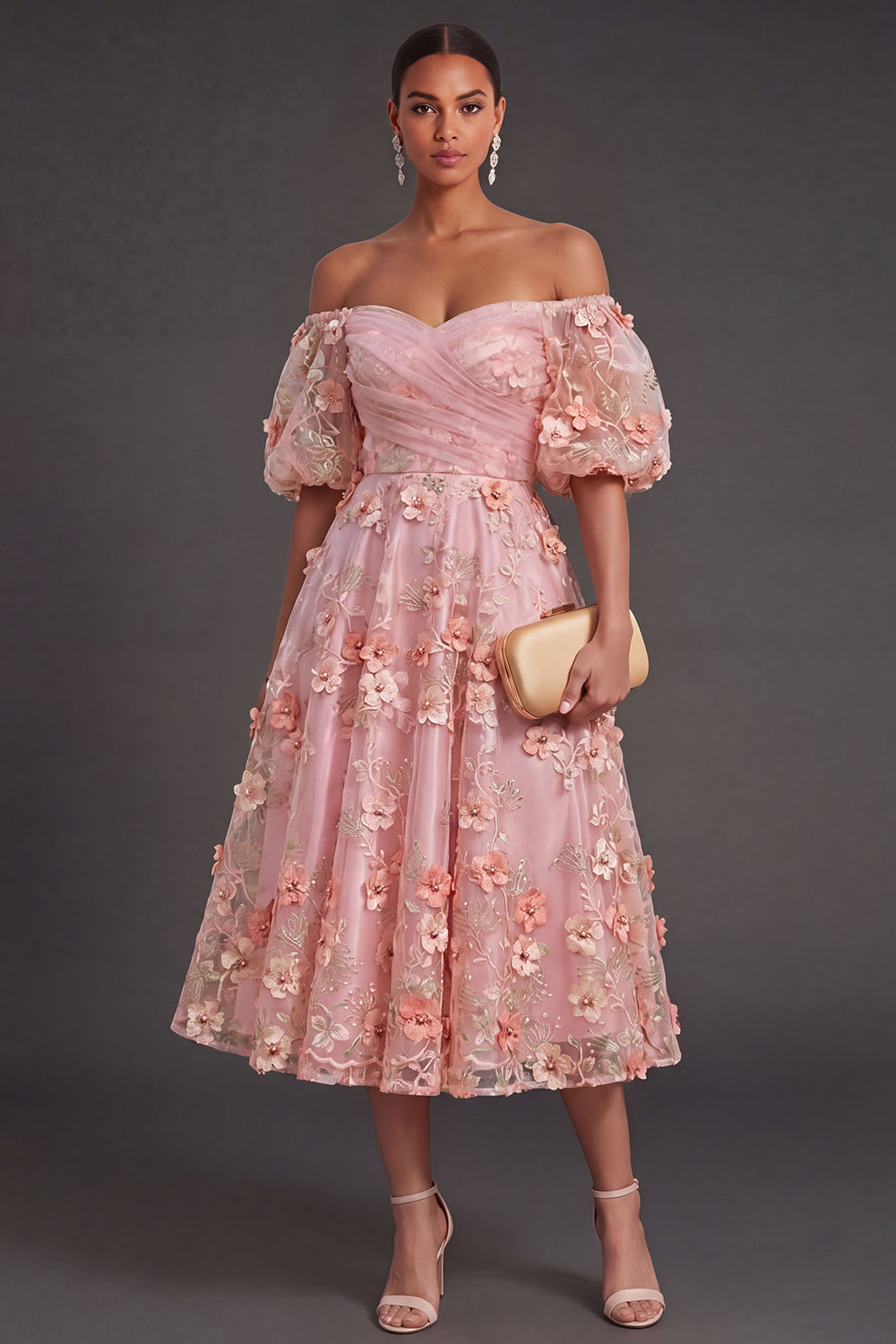 Pink Orange A Line Off the Shoulder Midi Wedding Guest Dress