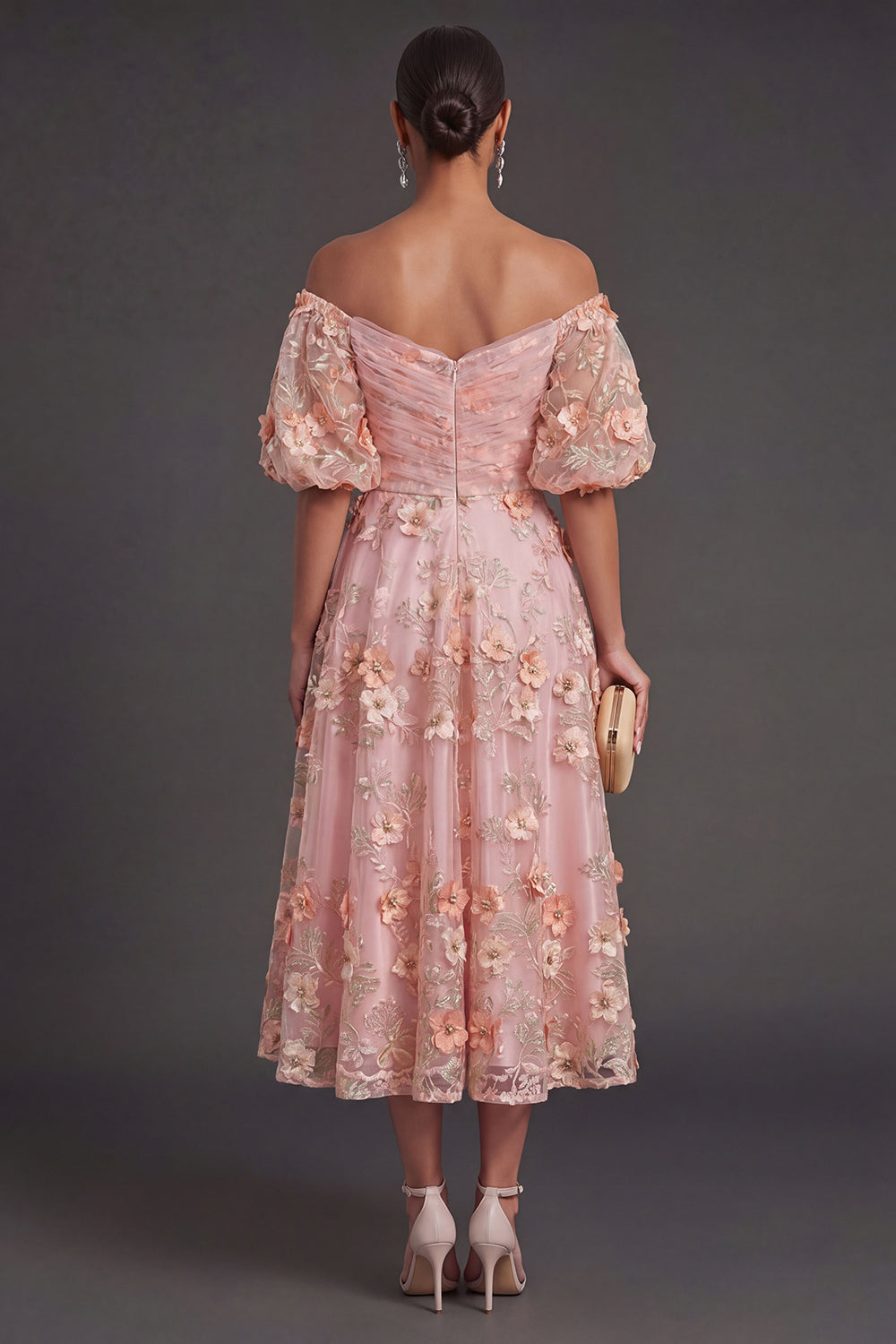 Pink Orange A Line Off the Shoulder Midi Wedding Guest Dress