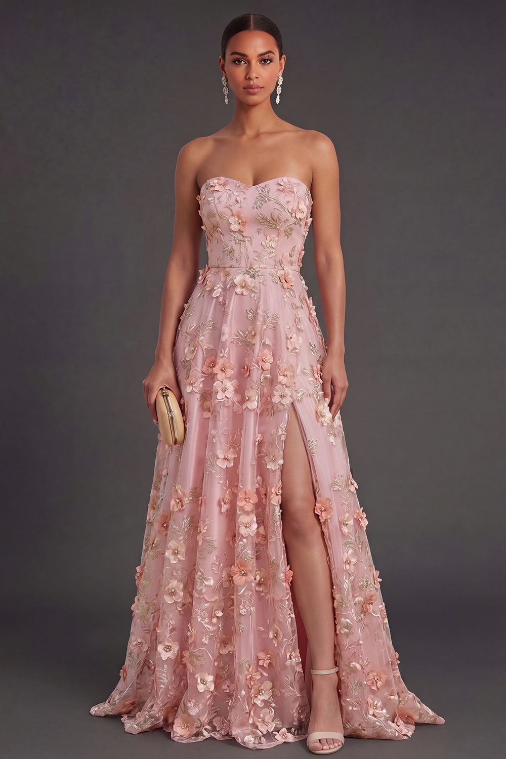 Pink Orange Appliqued Strapless A Line Long Wedding Guest Dress with Slit