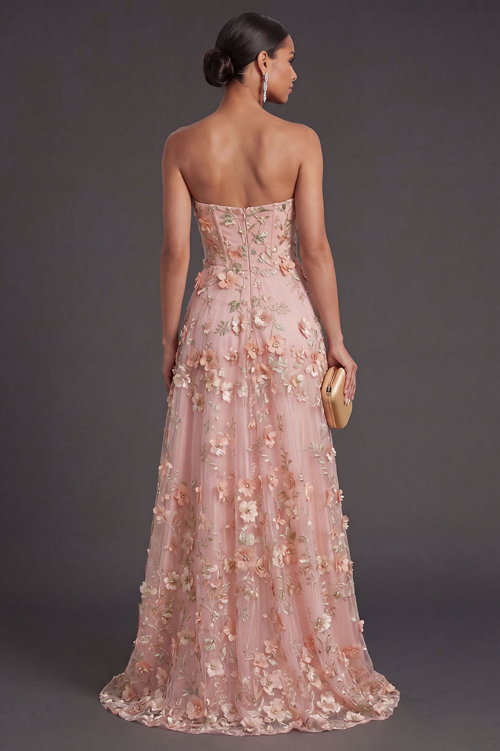 Pink Orange Appliqued Strapless A Line Long Wedding Guest Dress with Slit