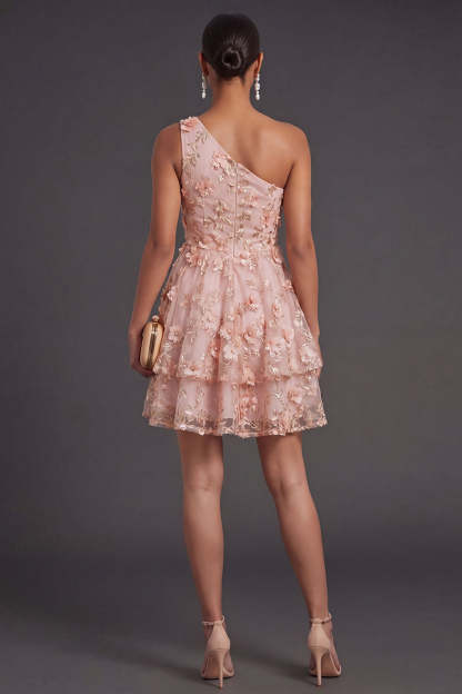 Pink Orange One Shoulder Appliqued Floral Short Summer Wedding Guest Dress