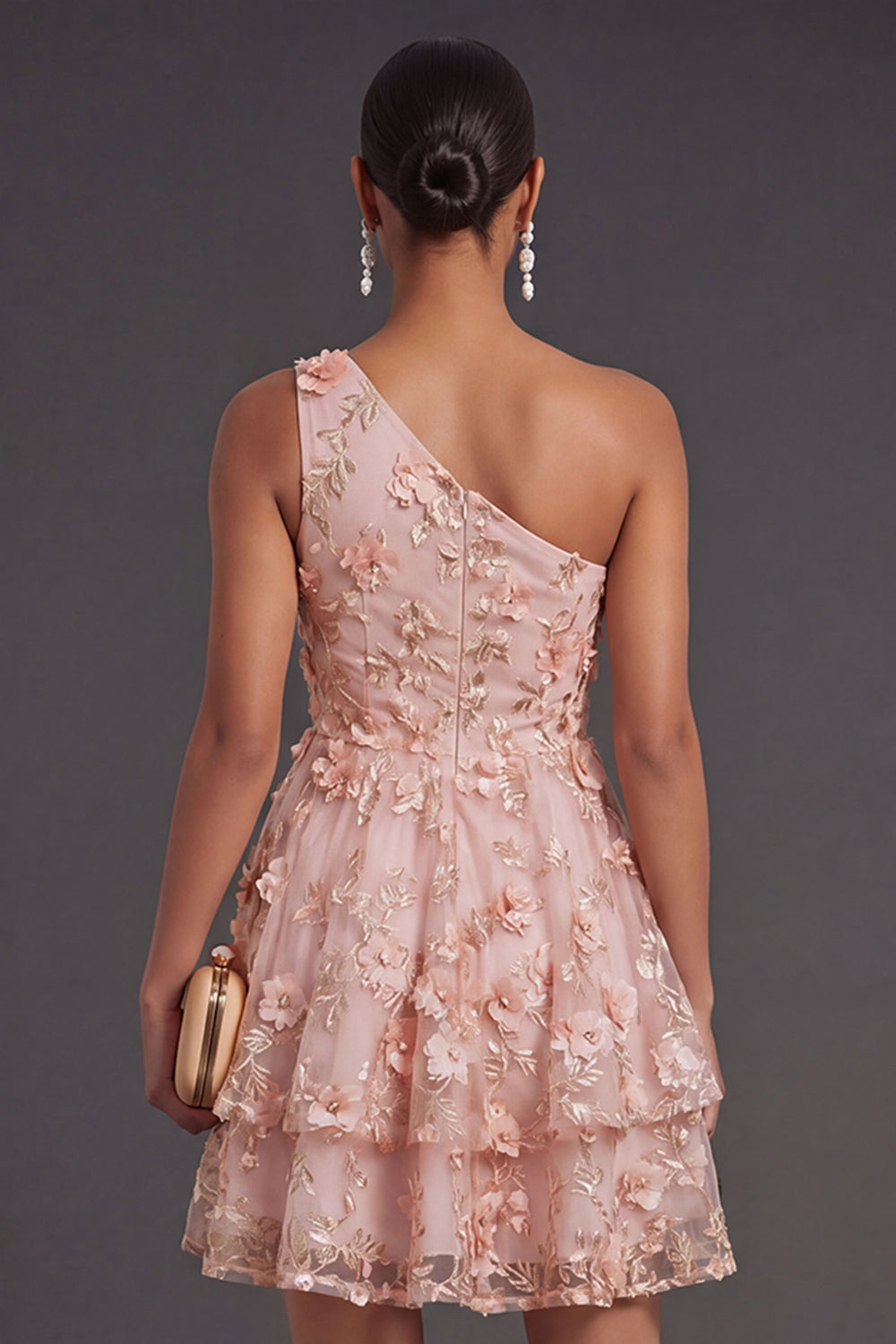 Pink Orange One Shoulder Appliqued Floral Short Summer Wedding Guest Dress