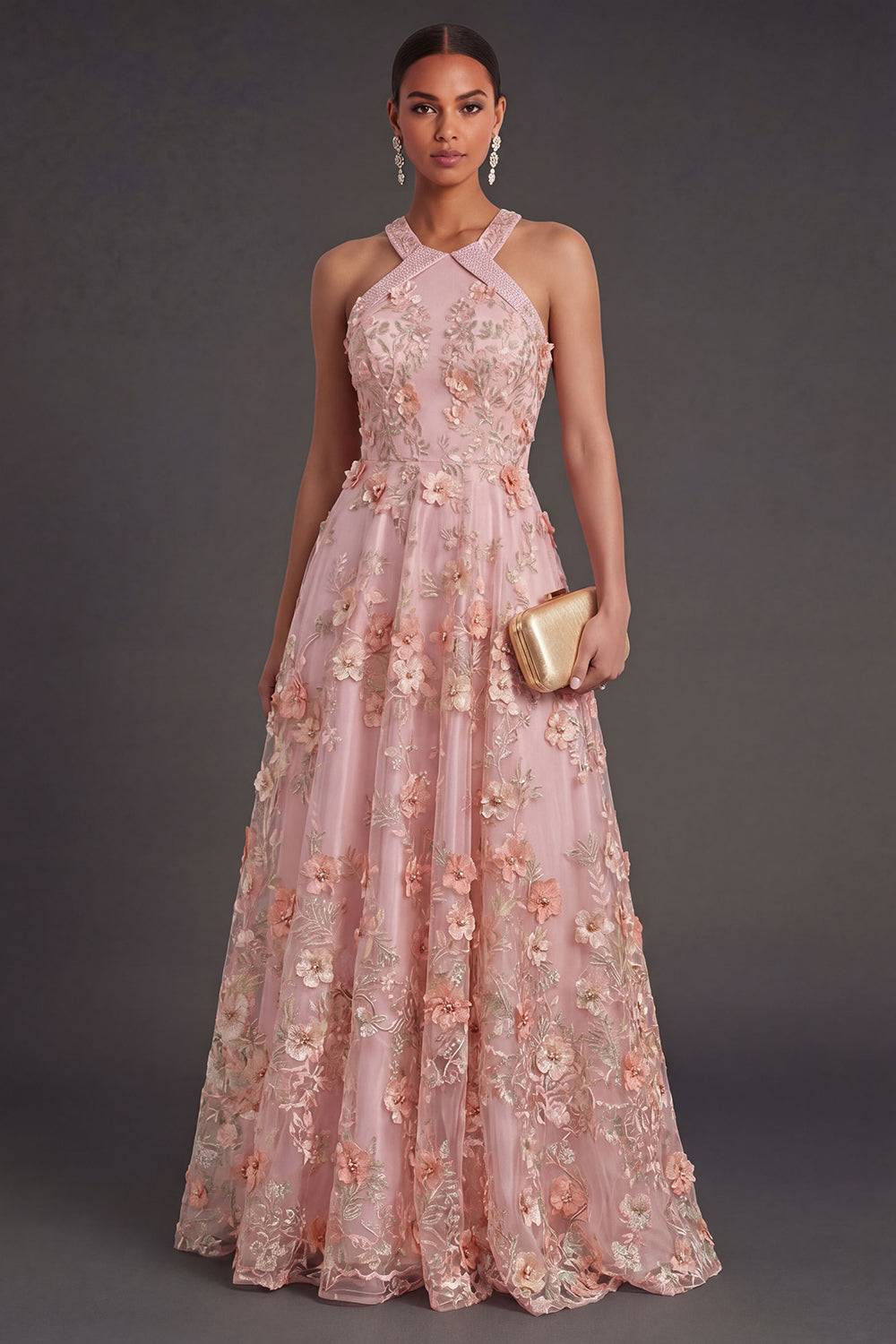 Leely Women Pink Orange Floral Appliqued Long Wedding Guest Dress Halter Neck Backless Garden Party Dress