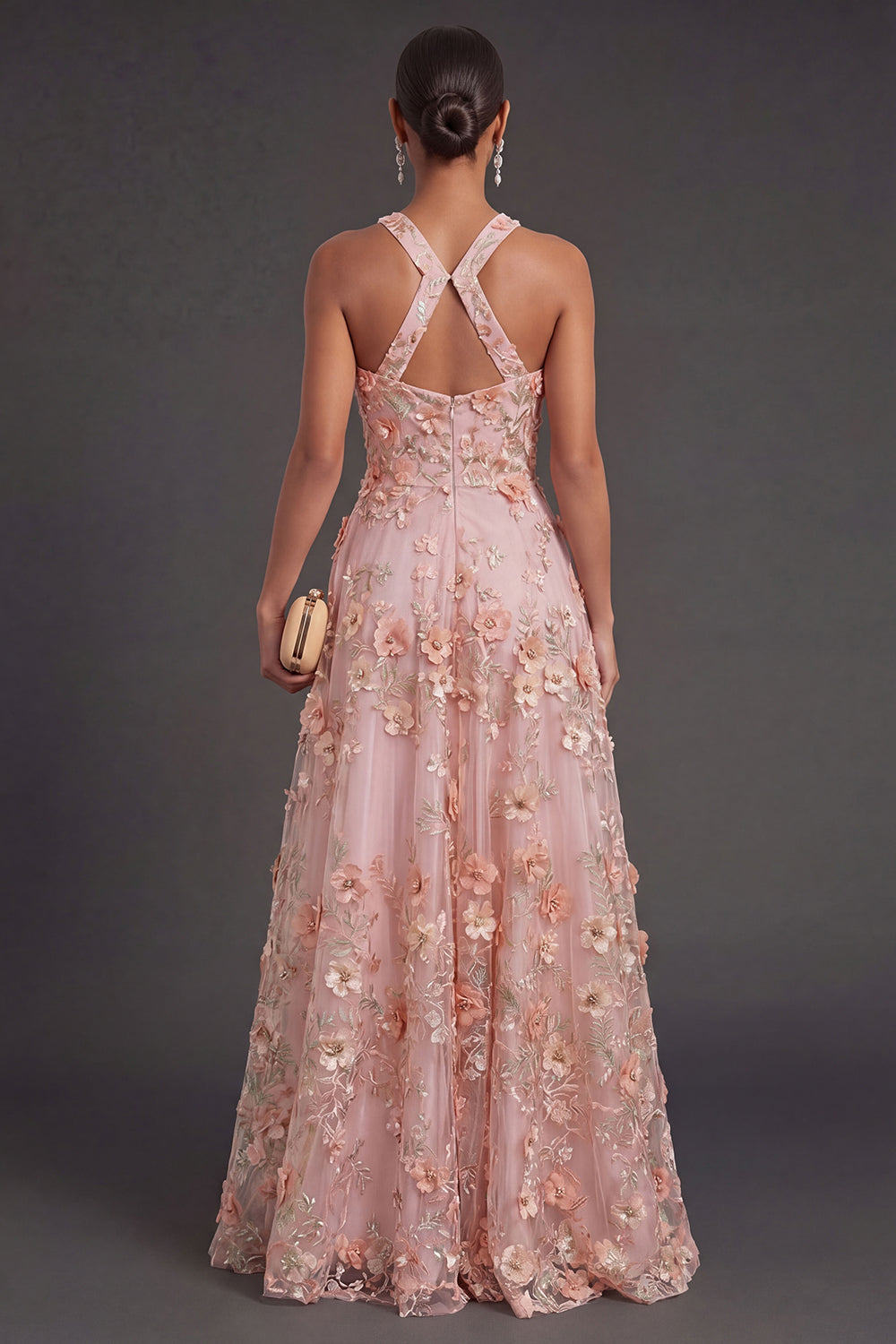 Pink Orange Floral Appliqued Long Wedding Guest Dress