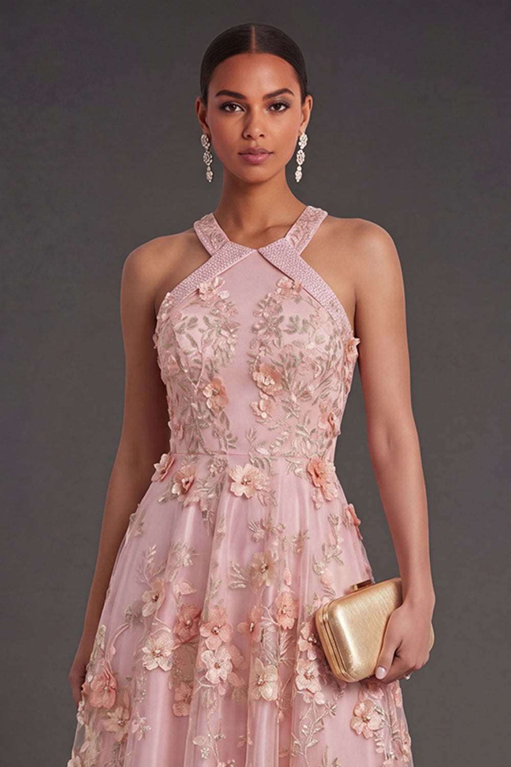 Pink Orange Floral Appliqued Long Wedding Guest Dress