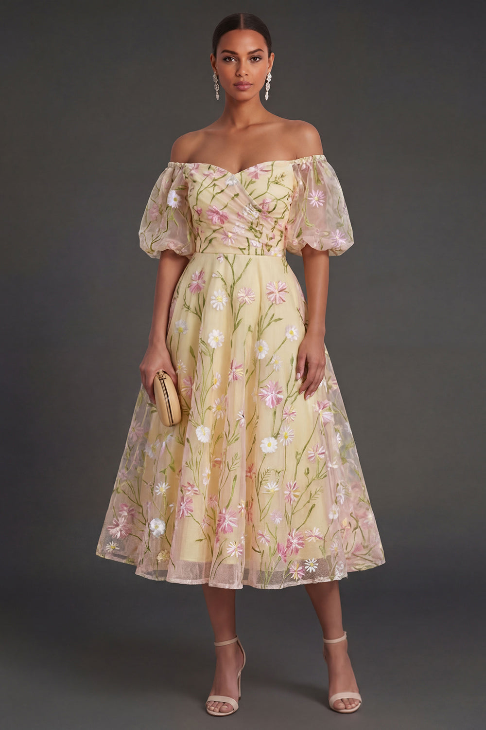 Light Yellow Floral Off the Shoulder Midi Wedding Guest Dress