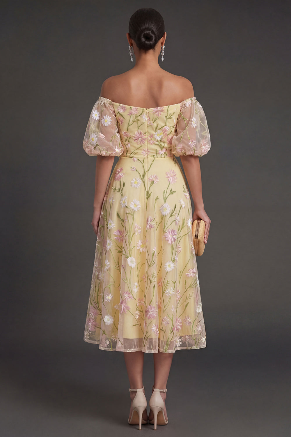 Light Yellow Floral Off the Shoulder Midi Wedding Guest Dress