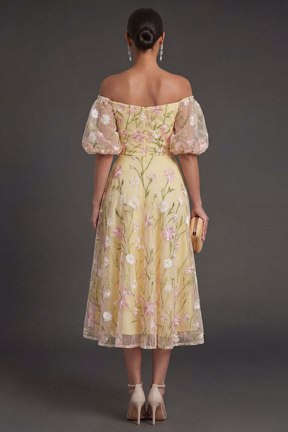 Light Yellow Floral Off the Shoulder Midi Wedding Guest Dress