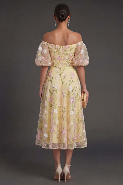 Light Yellow Floral Off the Shoulder Midi Wedding Guest Dress