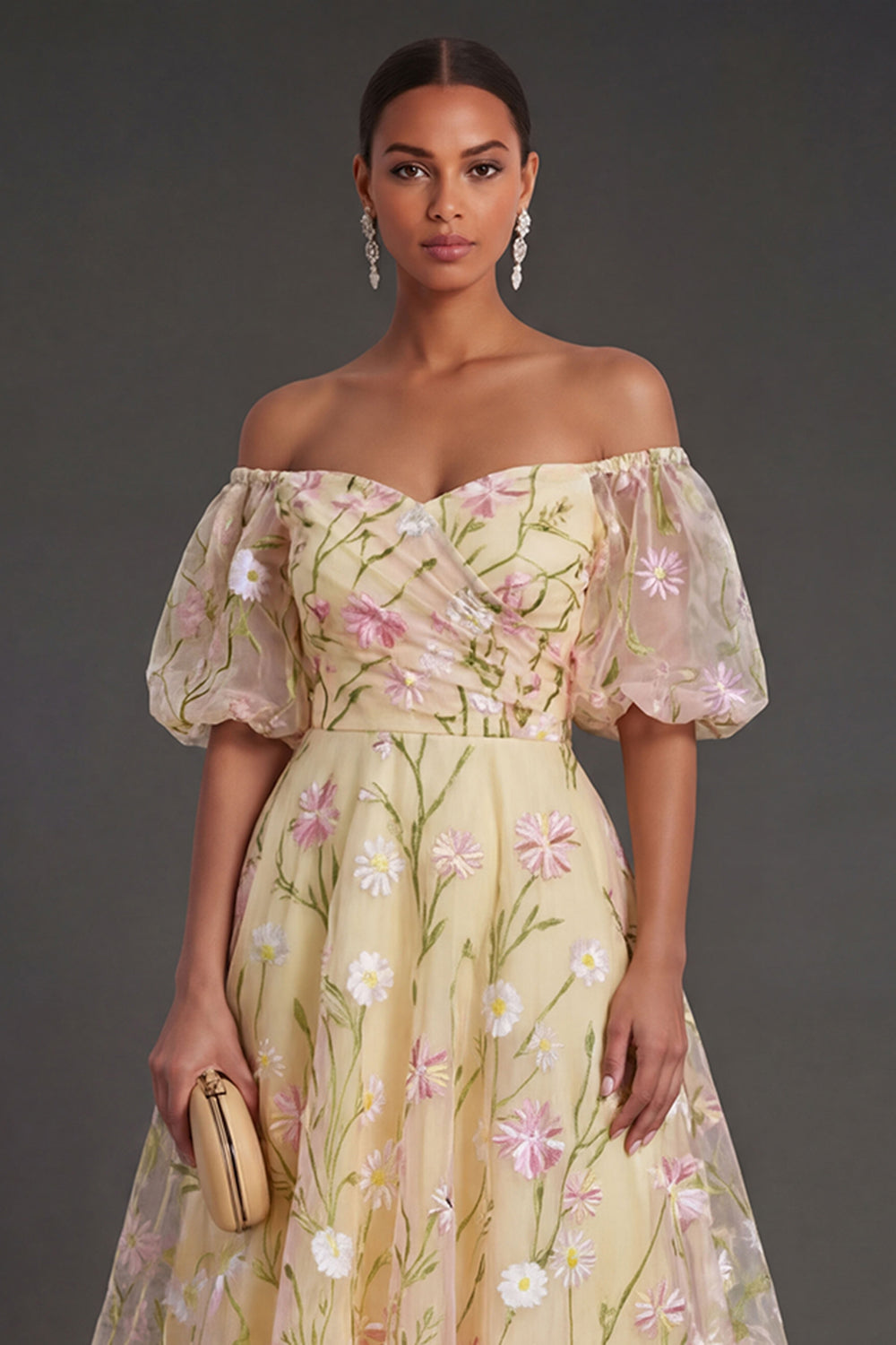 Light Yellow Floral Off the Shoulder Midi Wedding Guest Dress