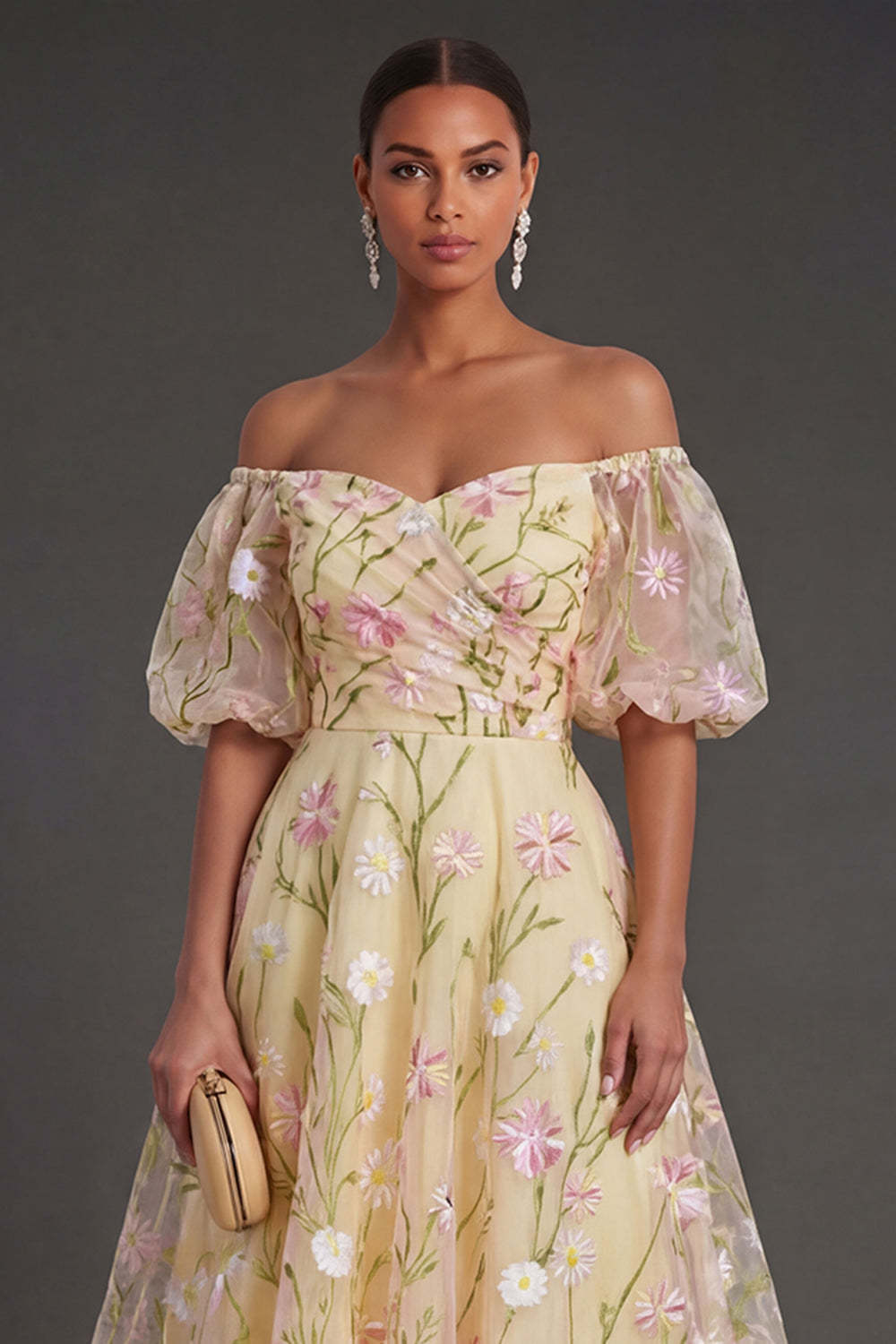 Light Yellow Floral Off the Shoulder Midi Wedding Guest Dress