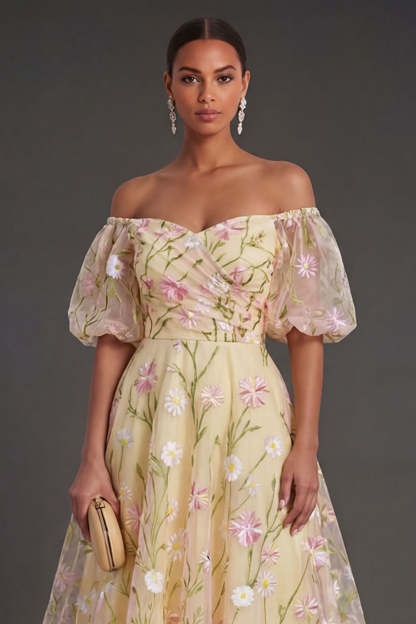 Light Yellow Floral Off the Shoulder Midi Wedding Guest Dress