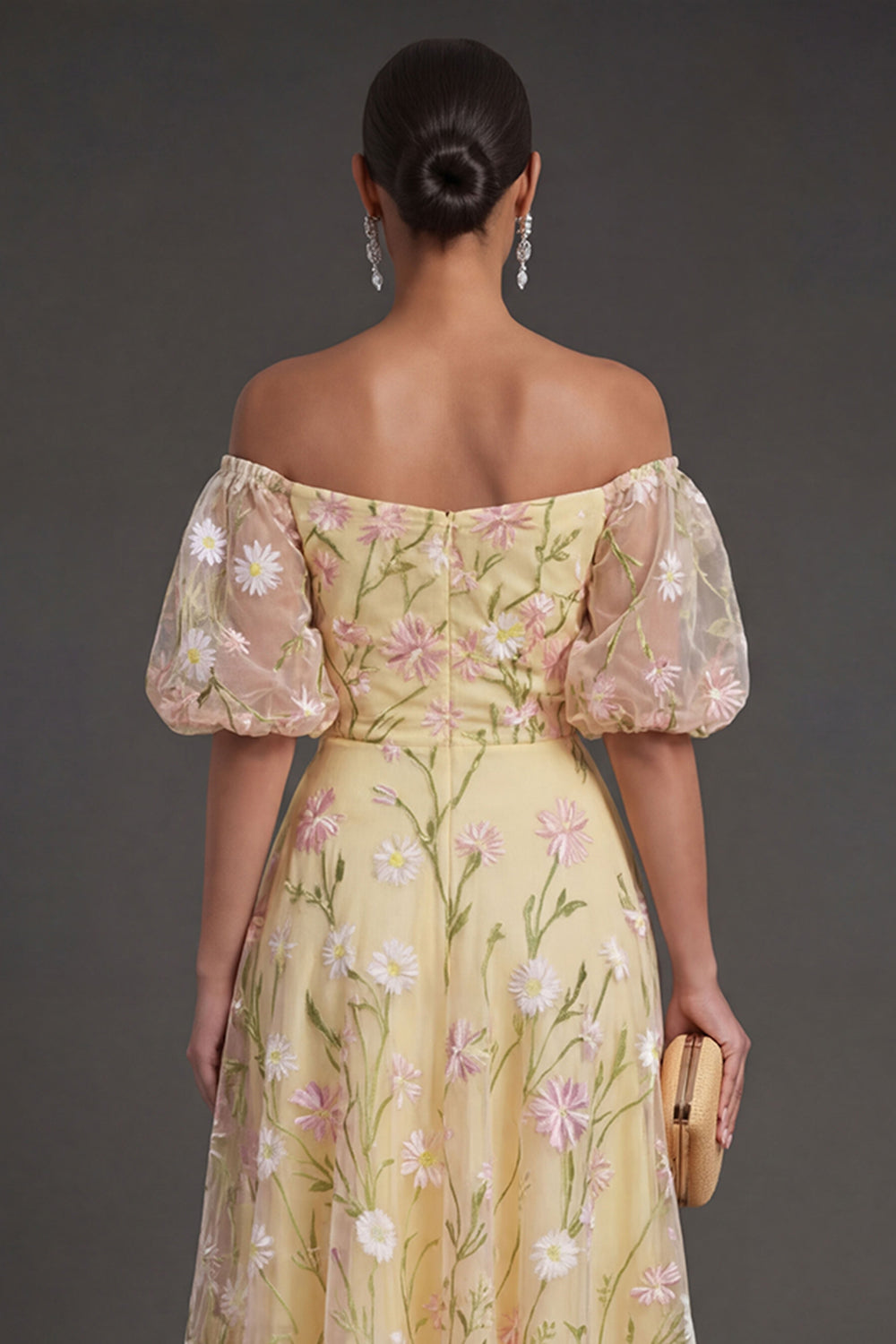 Light Yellow Floral Off the Shoulder Midi Wedding Guest Dress