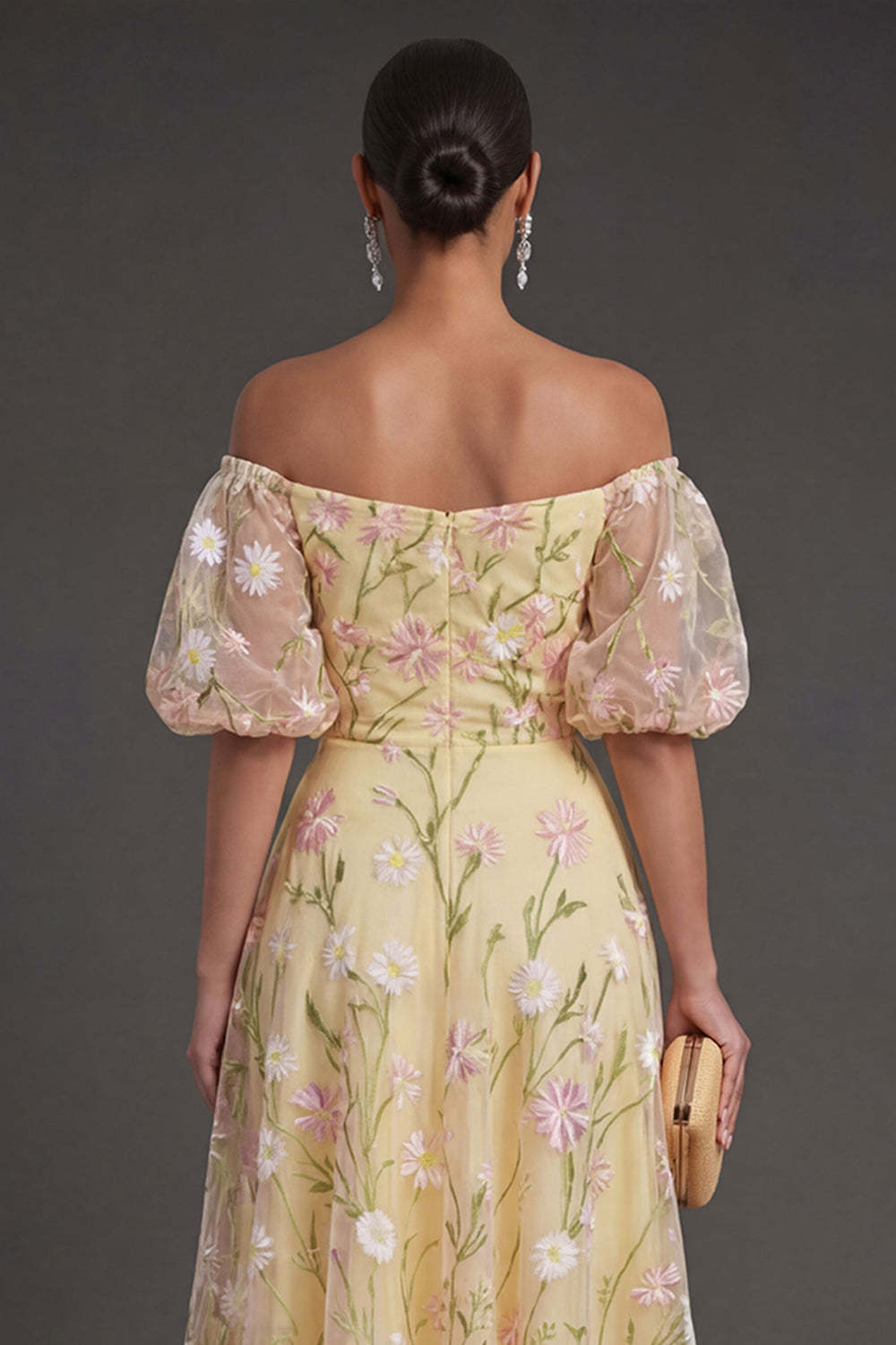 Light Yellow Floral Off the Shoulder Midi Wedding Guest Dress