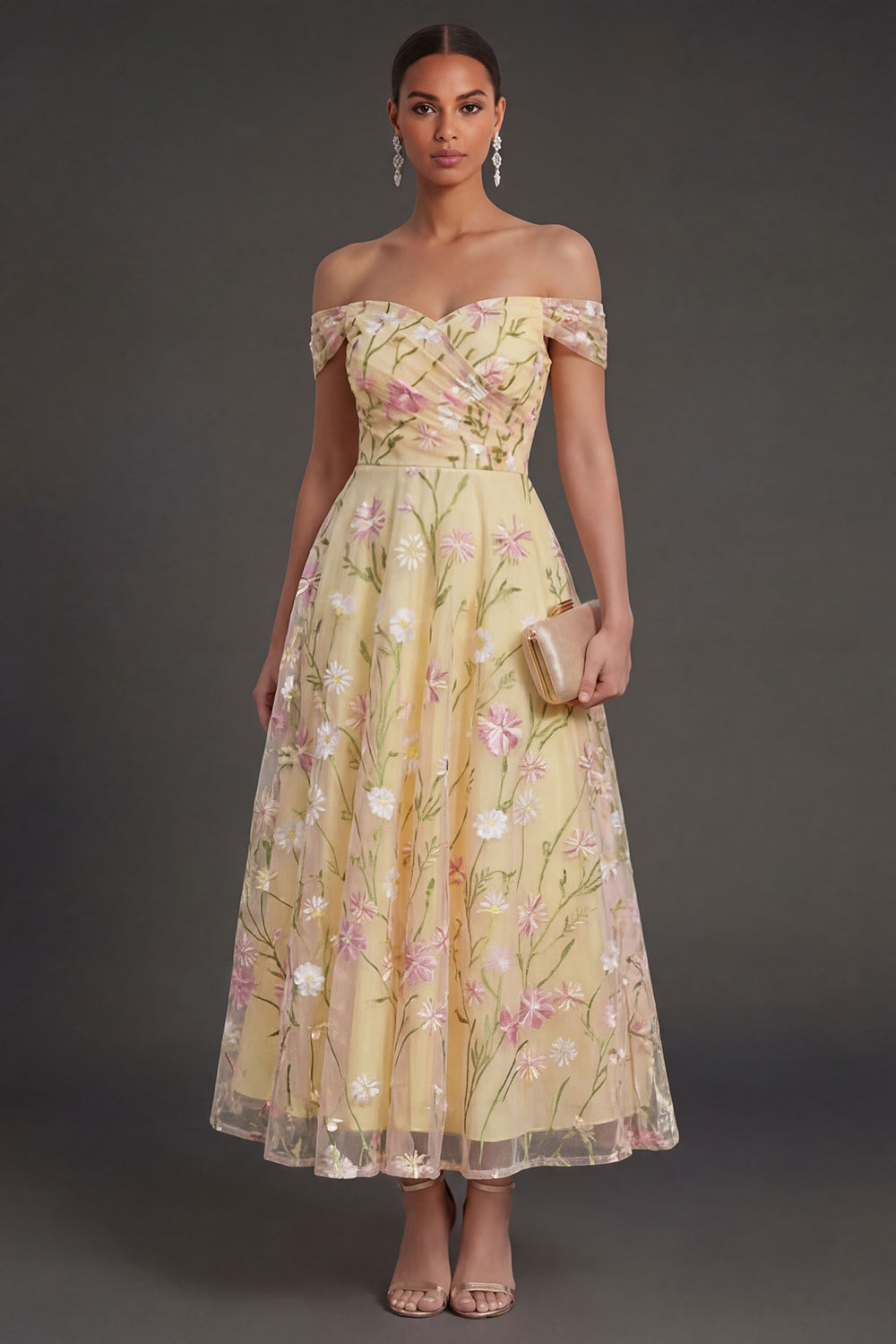 Light Yellow Floral Backless Long Wedding Guest Dress