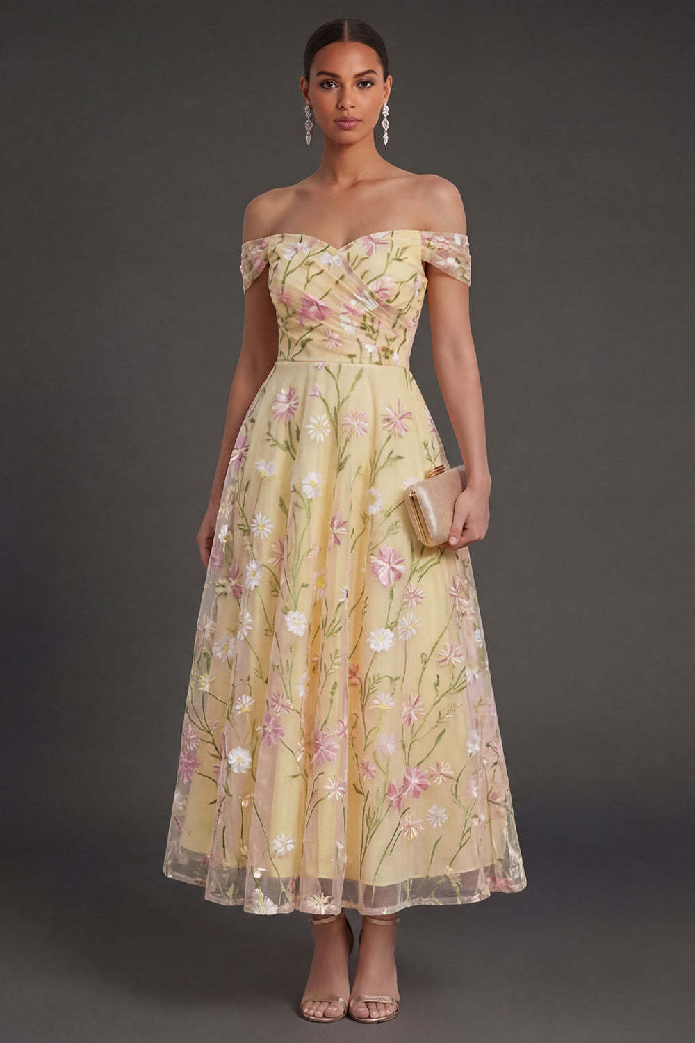 Leely Women Light Yellow Floral Backless Long Wedding Guest Dress Off the Shoulder Sleeveless Garden Party Dress