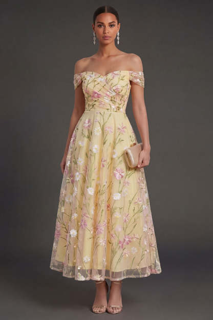 Leely Women Light Yellow Floral Backless Long Wedding Guest Dress Off the Shoulder Sleeveless Garden Party Dress