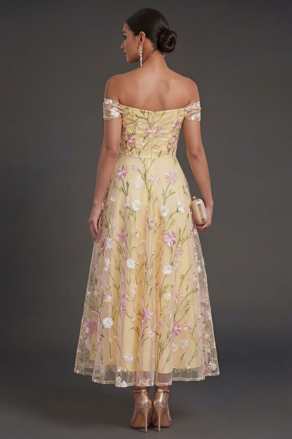 Light Yellow Floral Backless Long Wedding Guest Dress