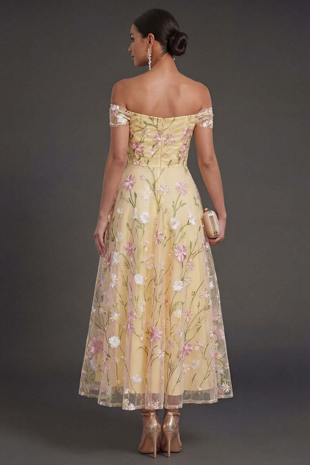 Light Yellow Floral Backless Long Wedding Guest Dress