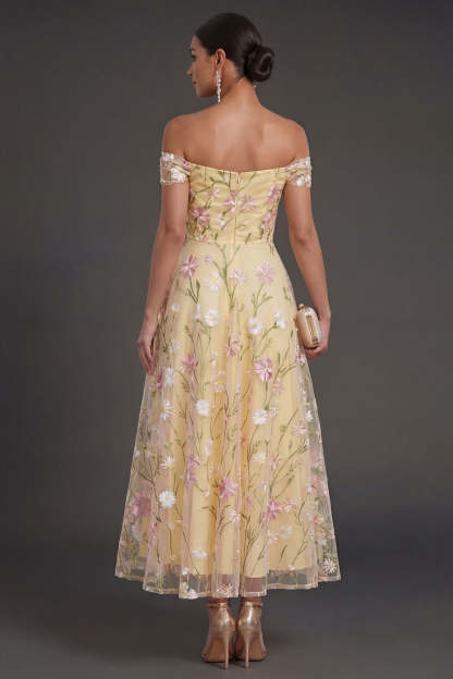 Light Yellow Floral Backless Long Wedding Guest Dress