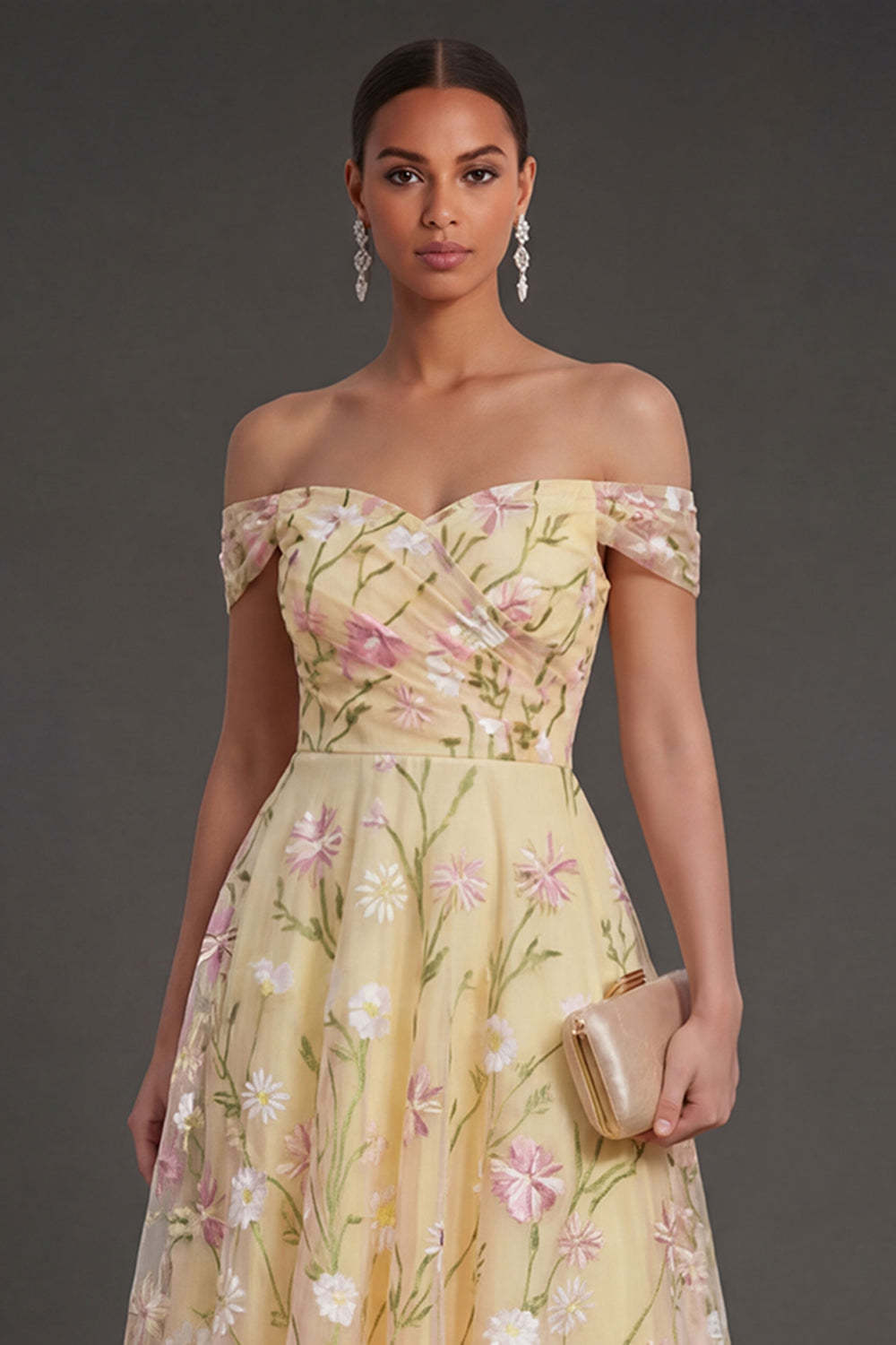 Light Yellow Floral Backless Long Wedding Guest Dress