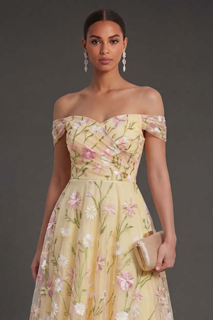 Light Yellow Floral Backless Long Wedding Guest Dress