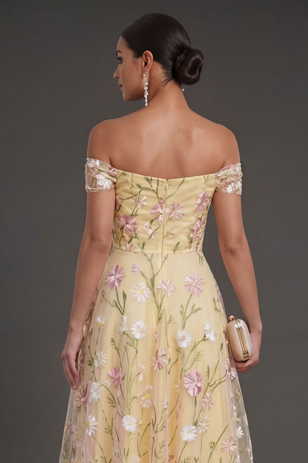 Light Yellow Floral Backless Long Wedding Guest Dress